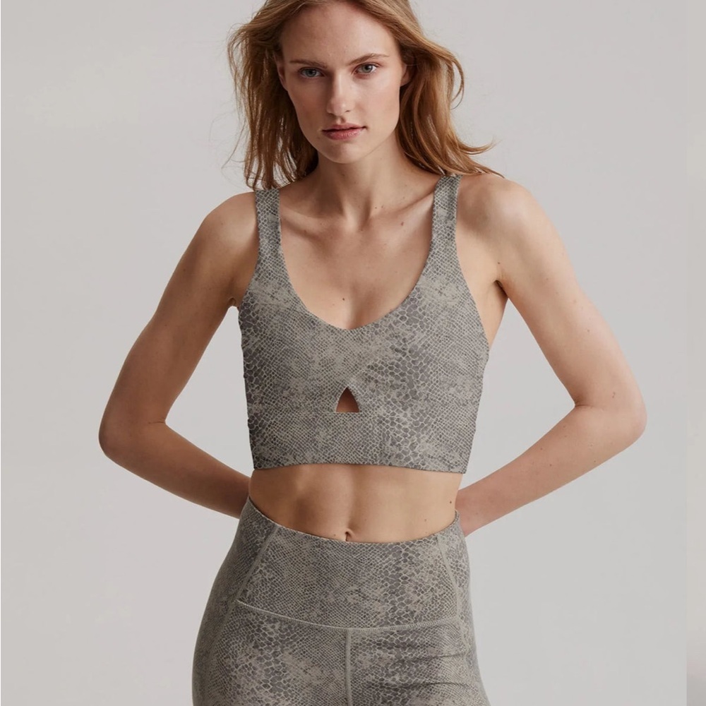 Varley Let's Go Staunton Bra Seneca Rock Watersnake Green Nylon Size XS Yoga Gym